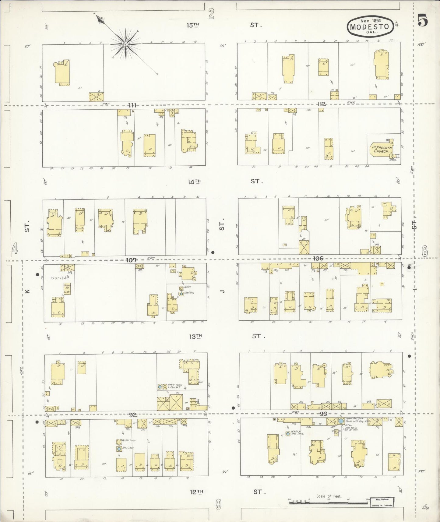 Sanborn Fire Insurance Map from Modesto, Stanislaus County, California (1894), Sheet #0005 - Historic Sanborn Fire Insurance Map Print, vintage old map wall art, antique decor, genealogy gift, California California map