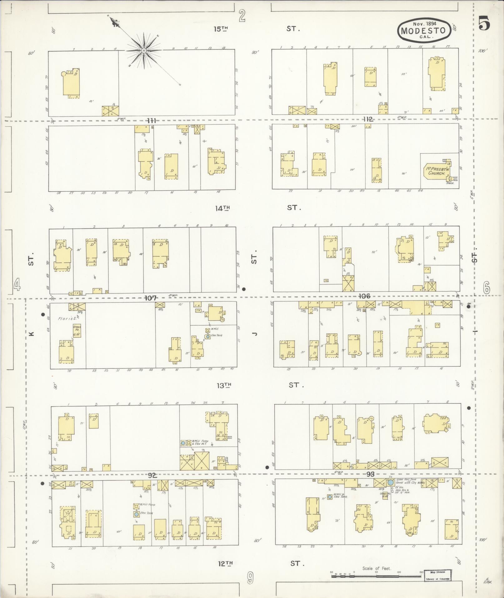 Sanborn Fire Insurance Map from Modesto, Stanislaus County, California (1894), Sheet #0005 - Historic Sanborn Fire Insurance Map Print, vintage old map wall art, antique decor, genealogy gift, California California map