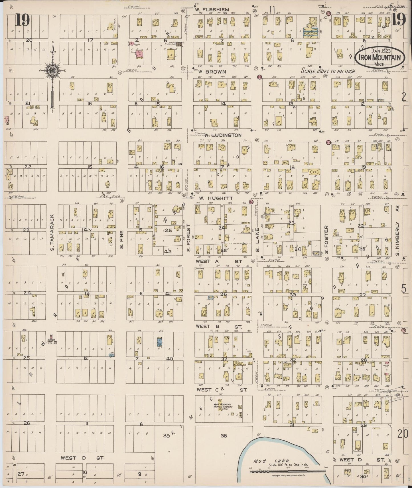 Sanborn Fire Insurance Map from Iron Mountain, Dickinson County, Michigan (1923), Sheet #0019 - Historic Sanborn Fire Insurance Map Print, vintage old map wall art, antique decor, genealogy gift, Michigan Michigan map