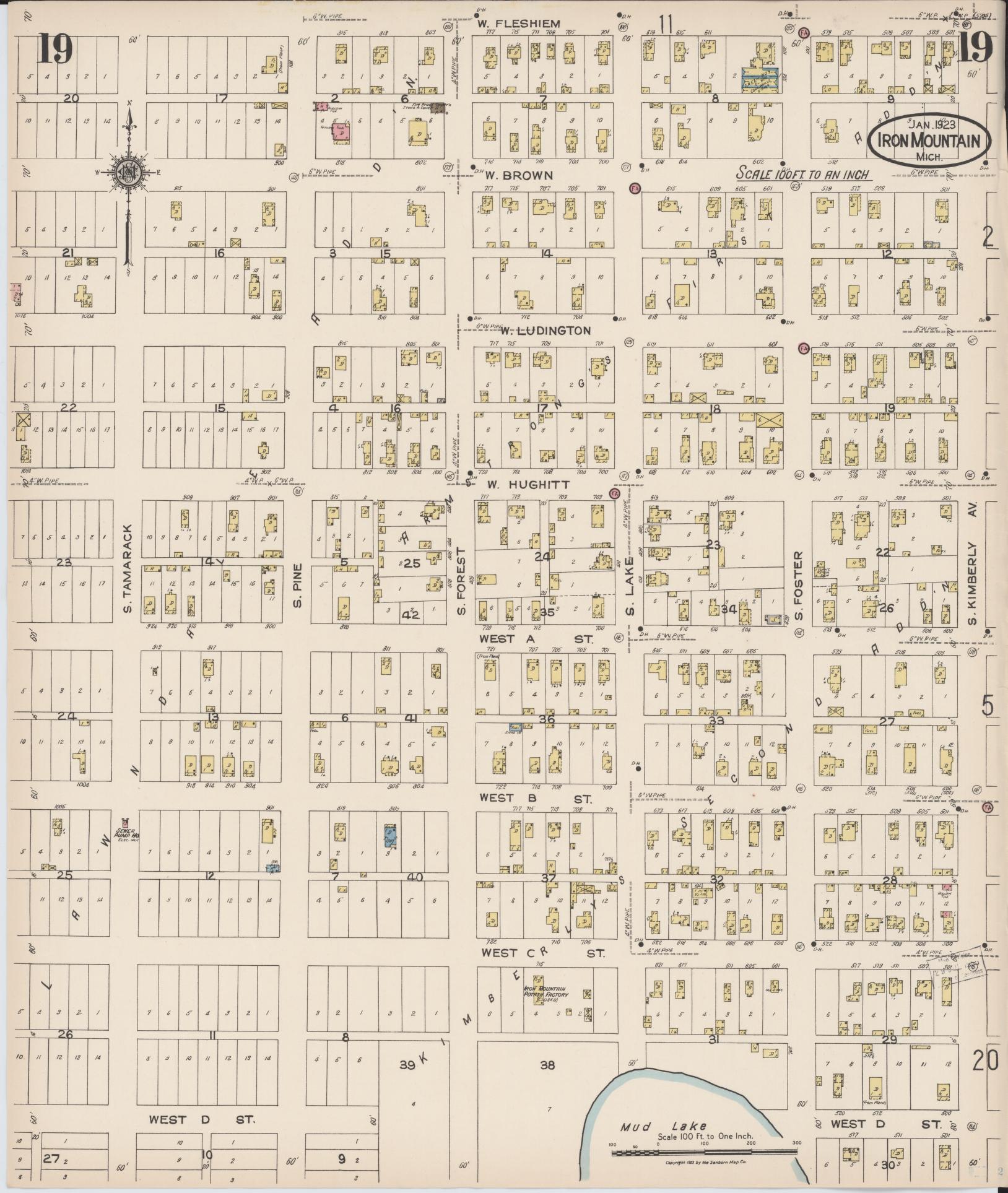 Sanborn Fire Insurance Map from Iron Mountain, Dickinson County, Michigan (1923), Sheet #0019 - Historic Sanborn Fire Insurance Map Print, vintage old map wall art, antique decor, genealogy gift, Michigan Michigan map