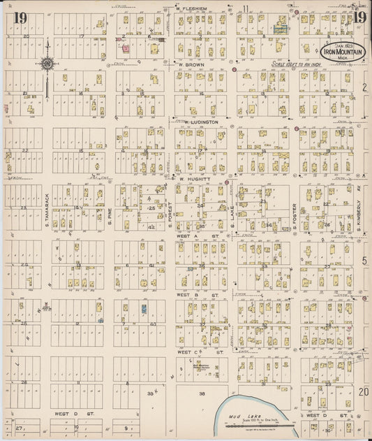 Sanborn Fire Insurance Map from Iron Mountain, Dickinson County, Michigan (1923), Sheet #0019 - Historic Sanborn Fire Insurance Map Print, vintage old map wall art, antique decor, genealogy gift, Michigan Michigan map