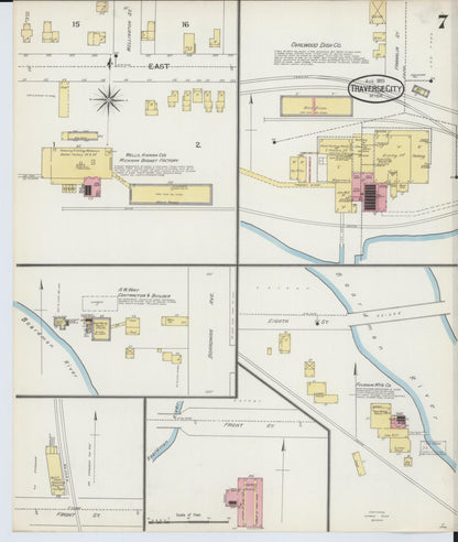 Sanborn Fire Insurance Map from Traverse City, Grand Traverse County, Michigan (1893), Sheet #0007 - Historic Sanborn Fire Insurance Map Print, vintage old map wall art, antique decor, genealogy gift, Michigan Michigan map