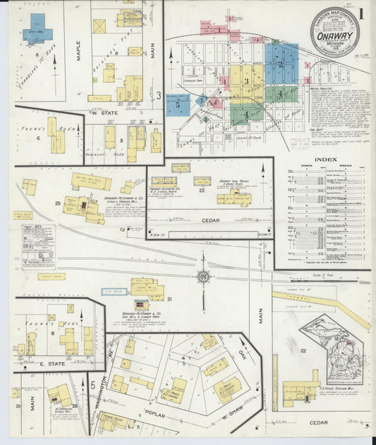 Sanborn Fire Insurance Map from Onaway, Presque Isle County, Michigan (1915), Sheet #0001 - Complete Map Set gallery image, historic Sanborn map, vintage wall art, Michigan Michigan