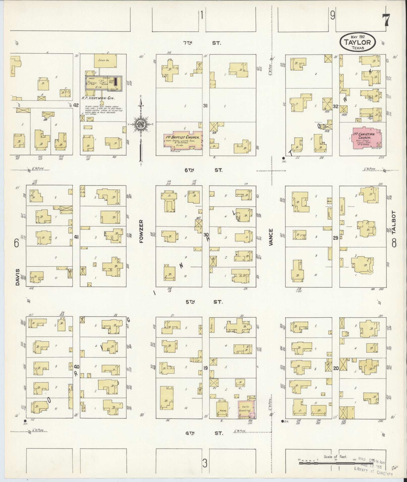Sanborn Fire Insurance Map from Taylor, Williamson County, Texas (1912), Sheet #0007 - Complete Map Set gallery image, historic Sanborn map, vintage wall art, Texas Texas