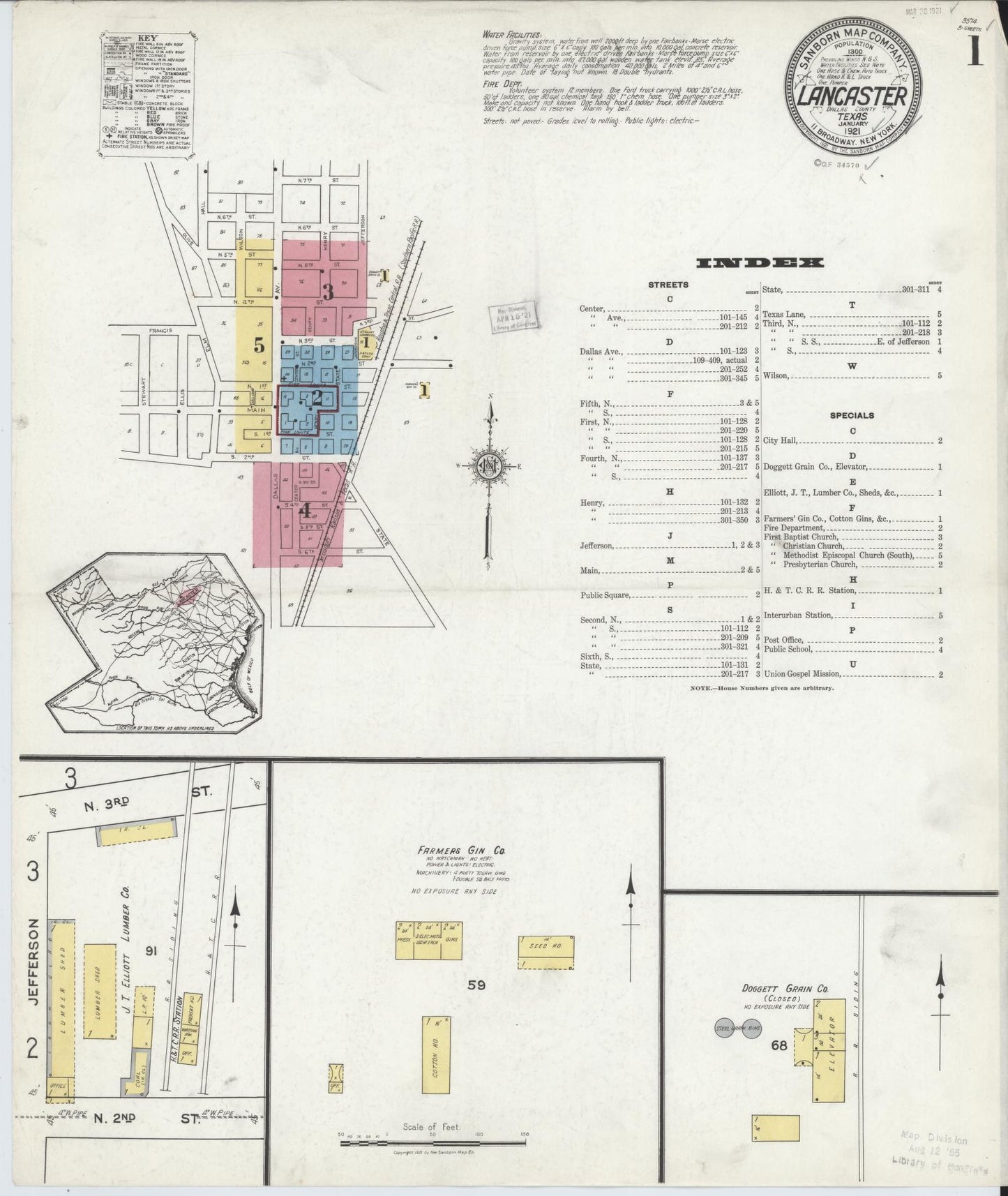 Sanborn Fire Insurance Map from Lancaster, Dallas County, Texas (1921), Sheet #0001 - Historic Sanborn Fire Insurance Map Print, vintage old map wall art, antique decor, genealogy gift, Texas Texas map