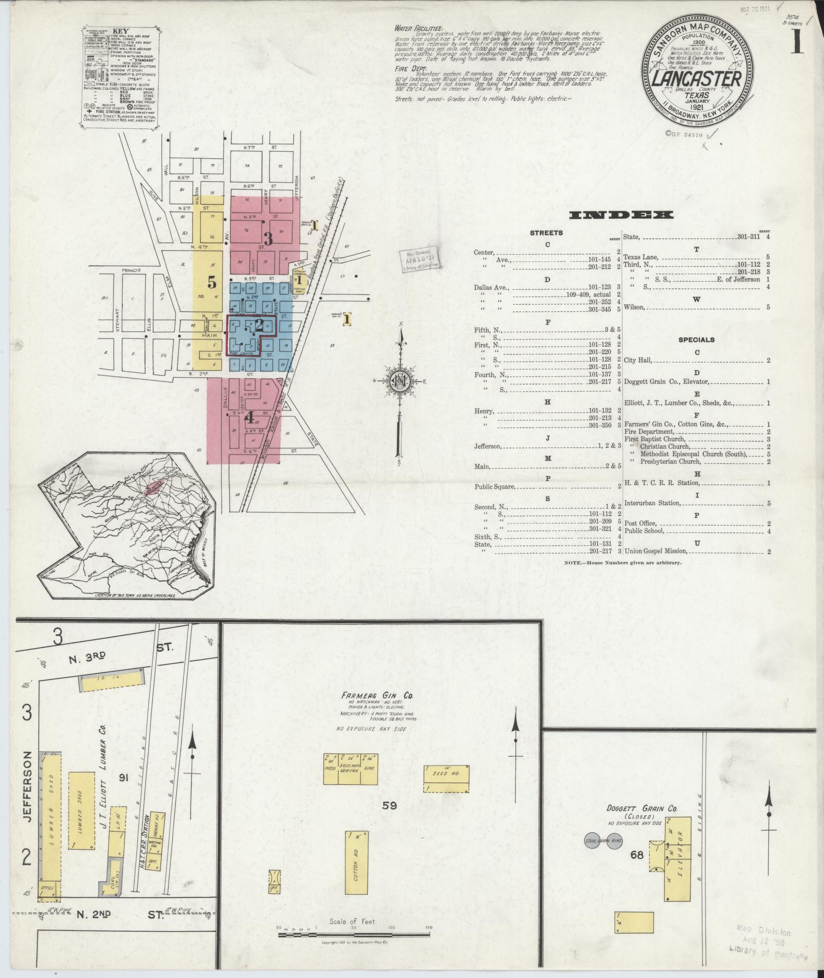 Sanborn Fire Insurance Map from Lancaster, Dallas County, Texas (1921), Sheet #0001 - Historic Sanborn Fire Insurance Map Print, vintage old map wall art, antique decor, genealogy gift, Texas Texas map