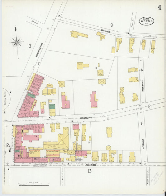 Sanborn Fire Insurance Map from Keene, Cheshire County, New Hampshire (1902), Sheet #0004 - Historic Sanborn Fire Insurance Map Print, vintage old map wall art, antique decor, genealogy gift, New Hampshire New Hampshire map