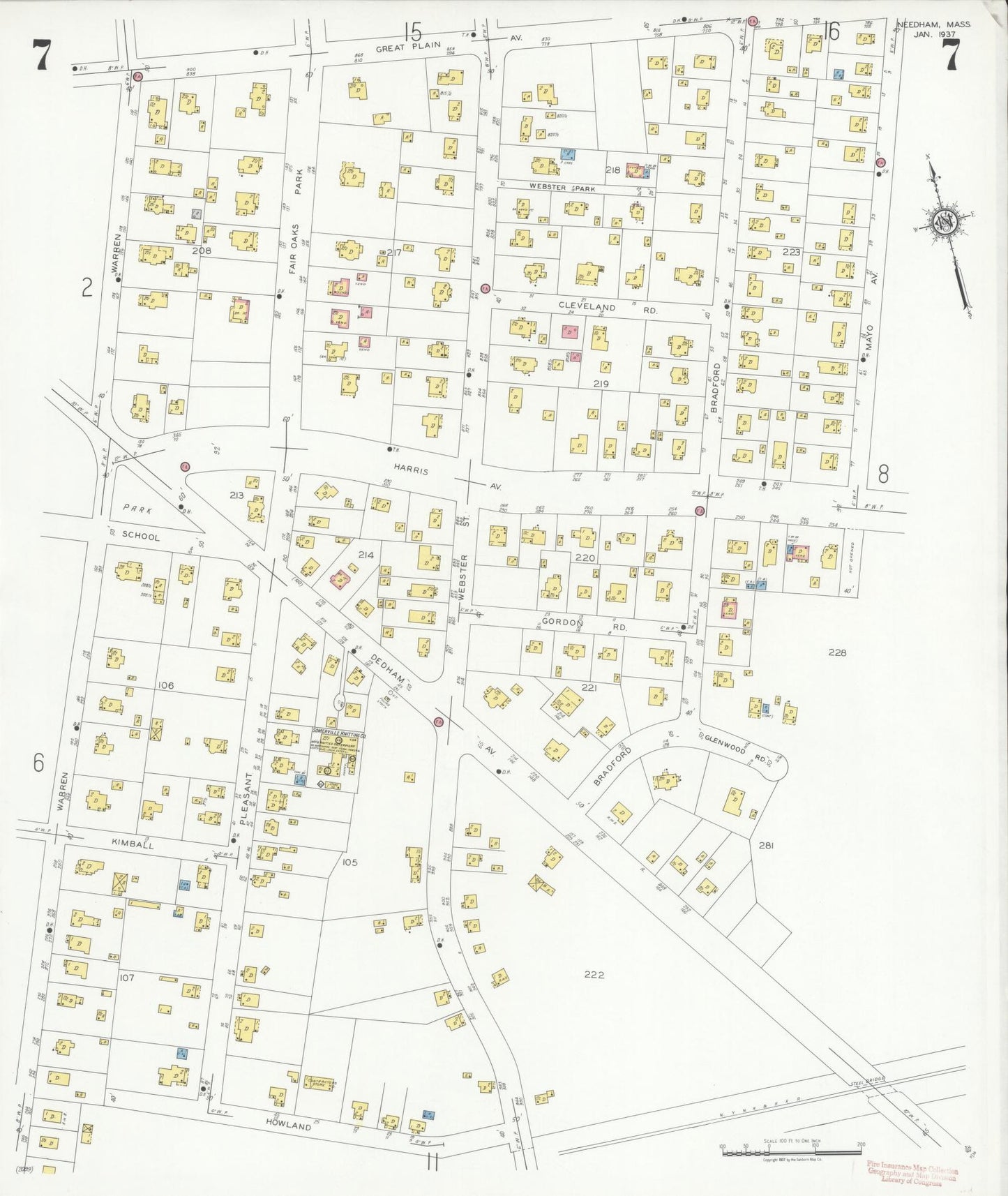 Sanborn Fire Insurance Map from Needham, Norfolk County, Massachusetts (1937), Sheet #0007 - Complete Map Set gallery image, historic Sanborn map, vintage wall art, Massachusetts Massachusetts