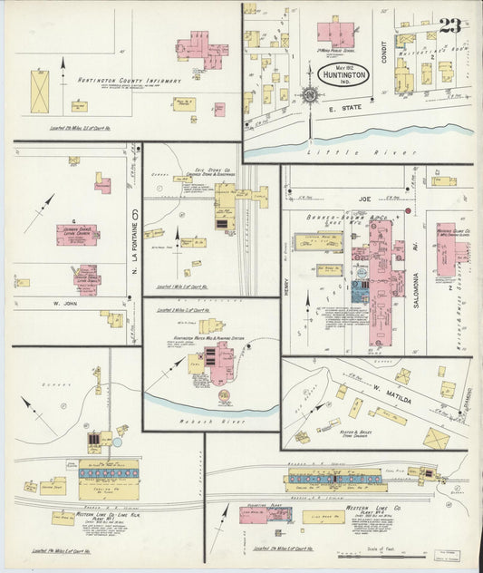 Sanborn Fire Insurance Map from Huntington, Huntington County, Indiana (1912), Sheet #0023 - Historic Sanborn Fire Insurance Map Print, vintage old map wall art, antique decor, genealogy gift, Indiana Indiana map