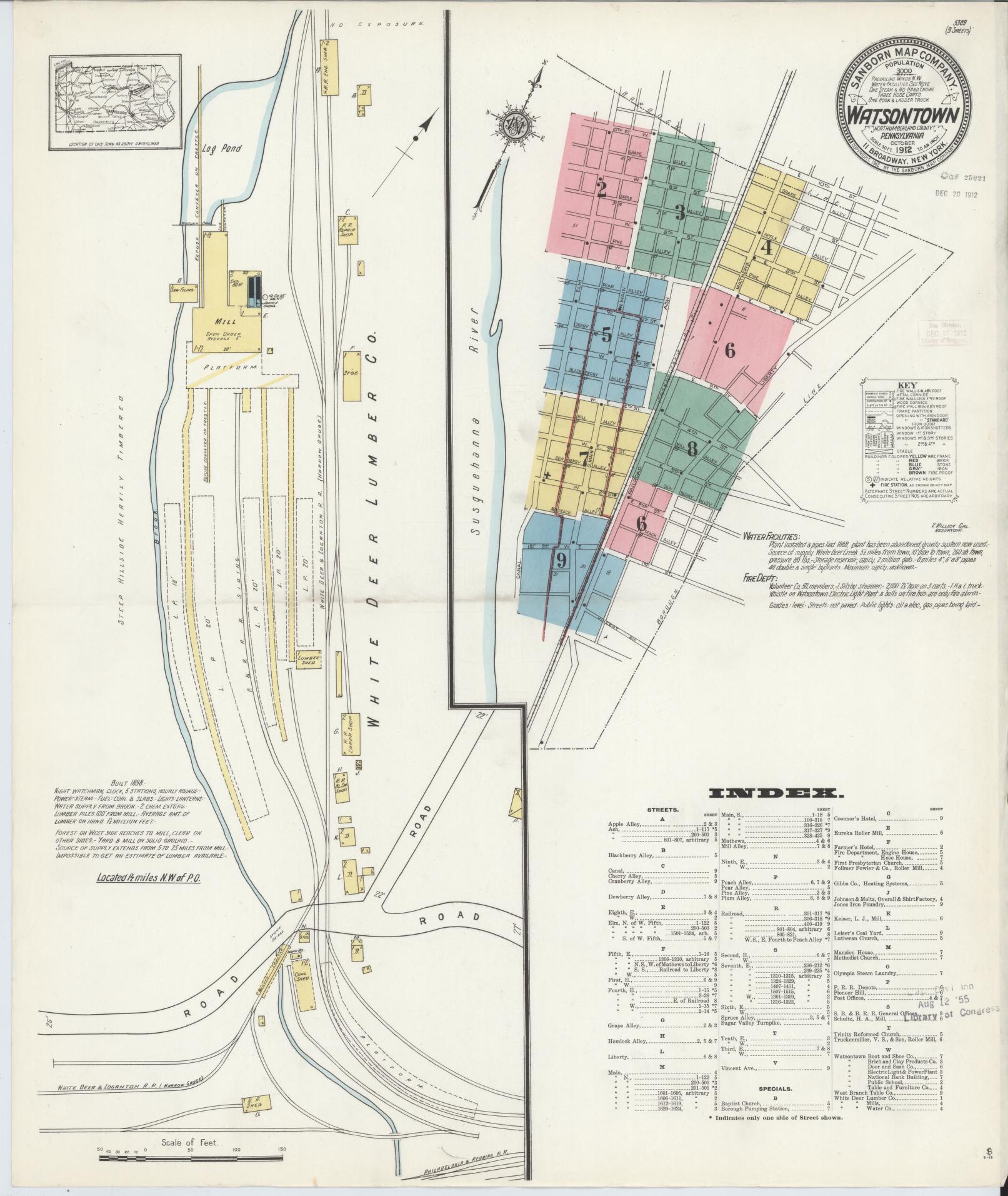 Sanborn Fire Insurance Map from Watsontown, Northumberland County, Pennsylvania (1912), Sheet #0001 - Complete Map Set gallery image, historic Sanborn map, vintage wall art, Pennsylvania Pennsylvania