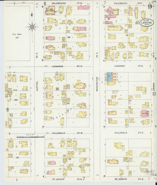Sanborn Fire Insurance Map from Lansing, Ingham County, Michigan (1898), Sheet #0009 - Historic Sanborn Fire Insurance Map Print, vintage old map wall art, antique decor, genealogy gift, Michigan Michigan map