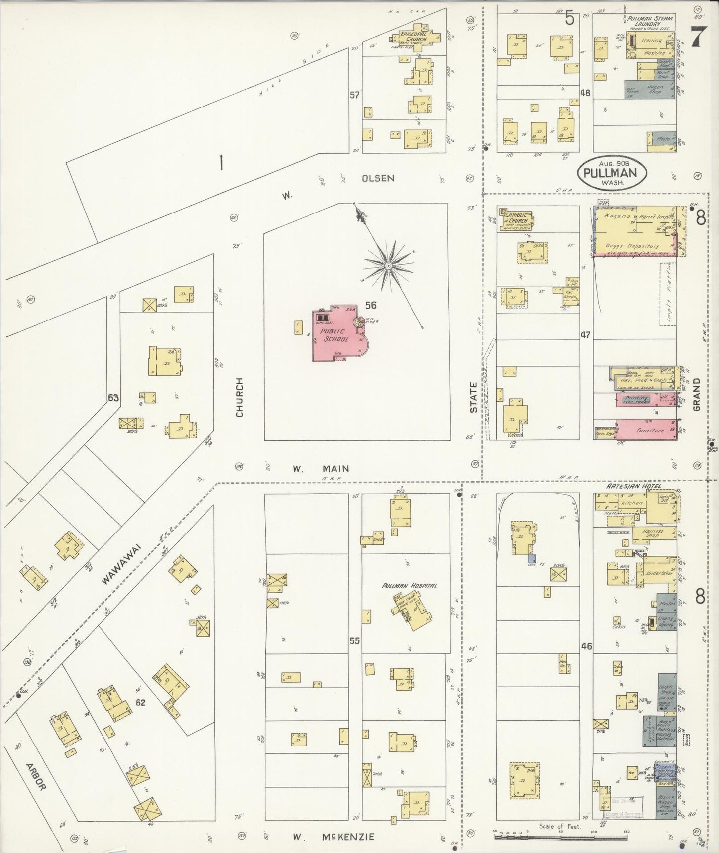 Sanborn Fire Insurance Map from Pullman, Whitman County, Washington (1908), Sheet #0007 - Complete Map Set gallery image, historic Sanborn map, vintage wall art, Washington Washington