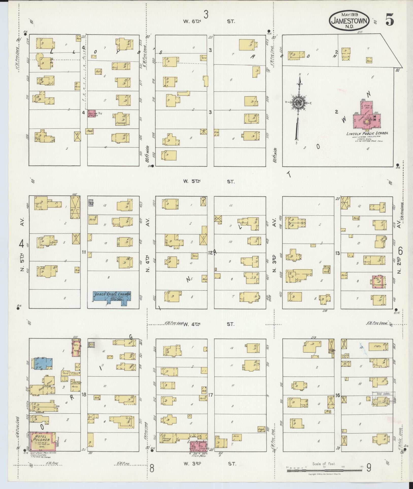 Sanborn Fire Insurance Map from Jamestown, Stutsman County, North Dakota (1919), Sheet #0005 - Historic Sanborn Fire Insurance Map Print, vintage old map wall art, antique decor, genealogy gift, North Dakota North Dakota map