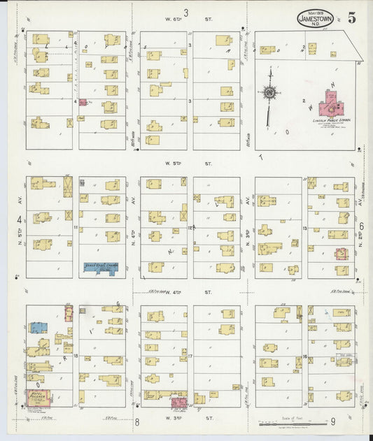 Sanborn Fire Insurance Map from Jamestown, Stutsman County, North Dakota (1919), Sheet #0005 - Historic Sanborn Fire Insurance Map Print, vintage old map wall art, antique decor, genealogy gift, North Dakota North Dakota map