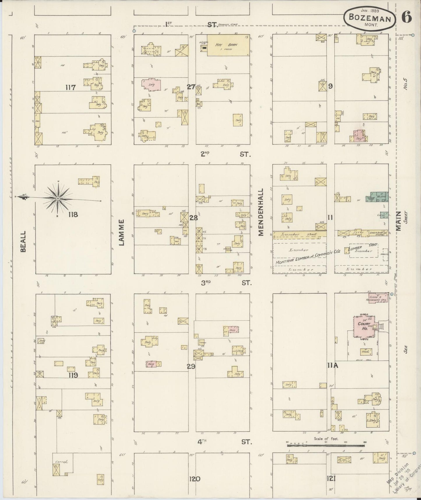 Sanborn Fire Insurance Map from Bozeman, Gallatin County, Montana (1889), Sheet #0006 - Complete Map Set gallery image, historic Sanborn map, vintage wall art, Montana Montana