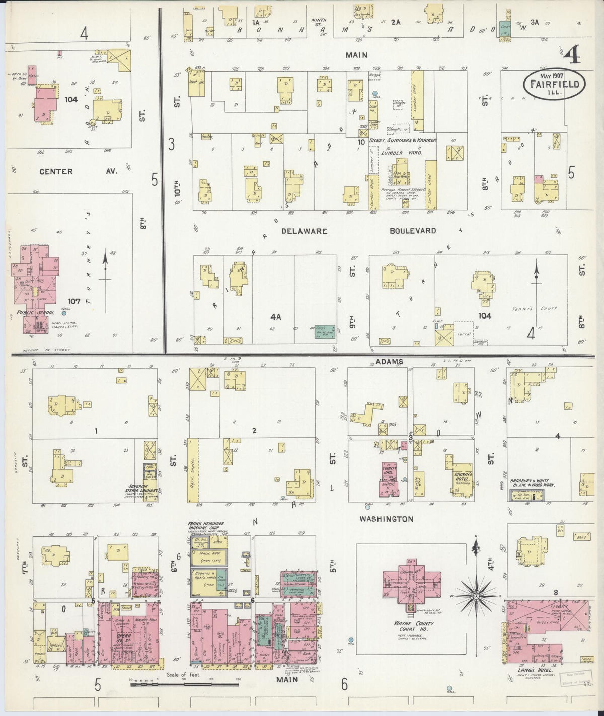 Sanborn Fire Insurance Map from Fairfield, Wayne County, Illinois (1907), Sheet #0004 - Complete Map Set gallery image, historic Sanborn map, vintage wall art, Illinois Illinois