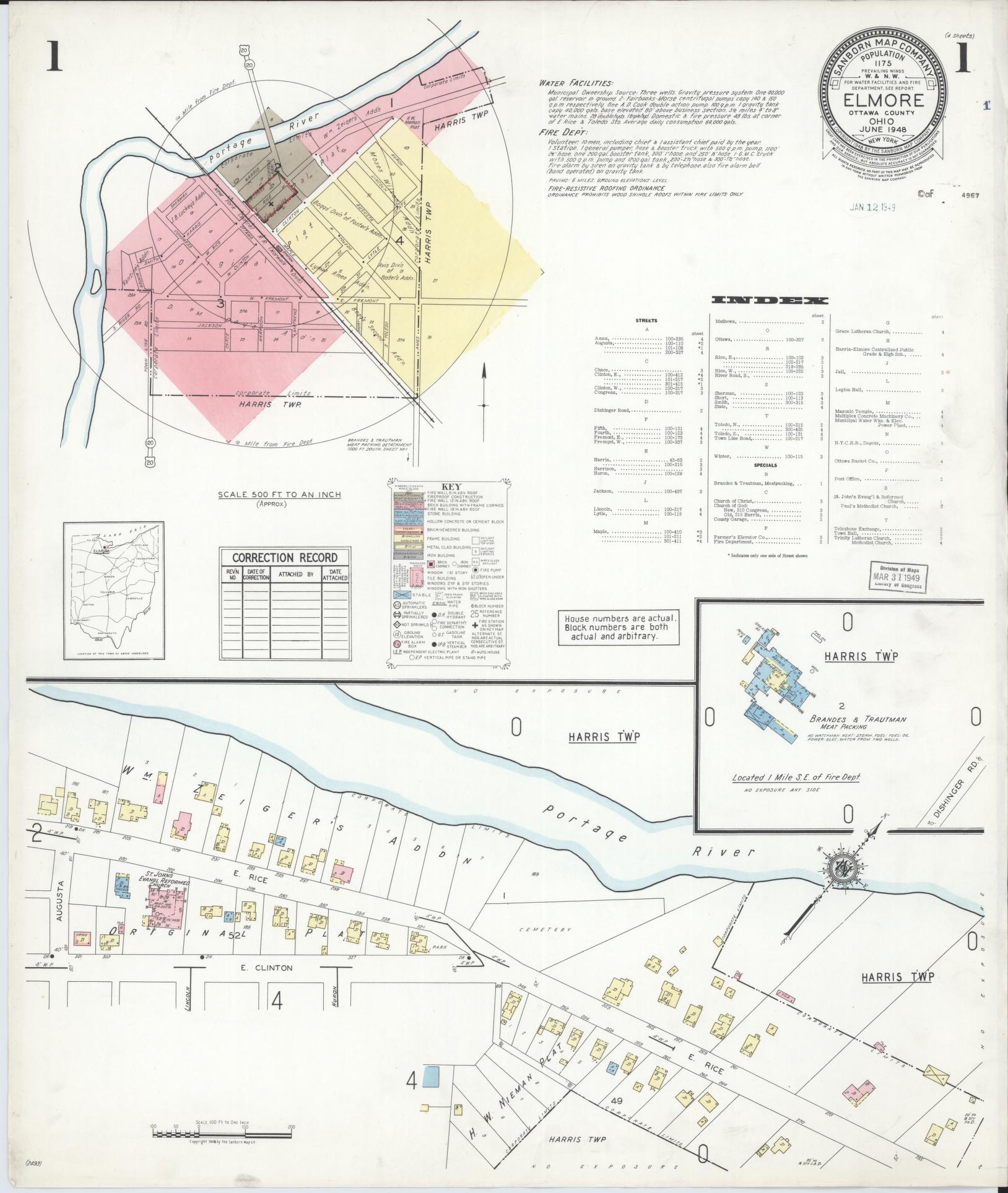 Sanborn Fire Insurance Map from Elmore, Ottawa County, Ohio (1948), Sheet #0001 - Historic Sanborn Fire Insurance Map Print, vintage old map wall art, antique decor, genealogy gift, Ohio Ohio map