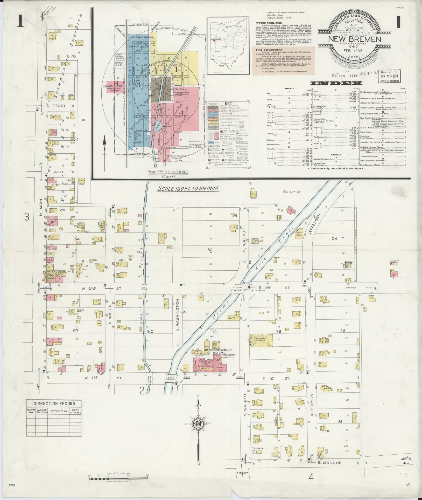 Sanborn Fire Insurance Map from New Bremen, Auglaize County, Ohio (1933), Sheet #0001 - Historic Sanborn Fire Insurance Map Print, vintage old map wall art, antique decor, genealogy gift, Ohio Ohio map
