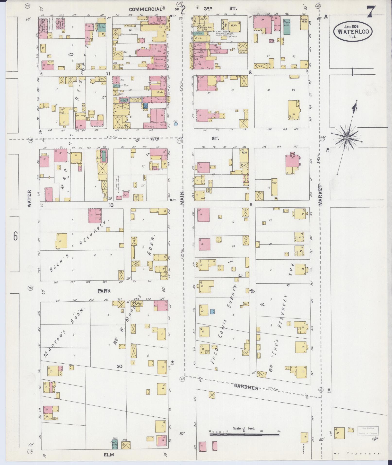 Sanborn Fire Insurance Map from Waterloo, Monroe County, Illinois (1906), Sheet #0007 - Complete Map Set gallery image, historic Sanborn map, vintage wall art, Illinois Illinois
