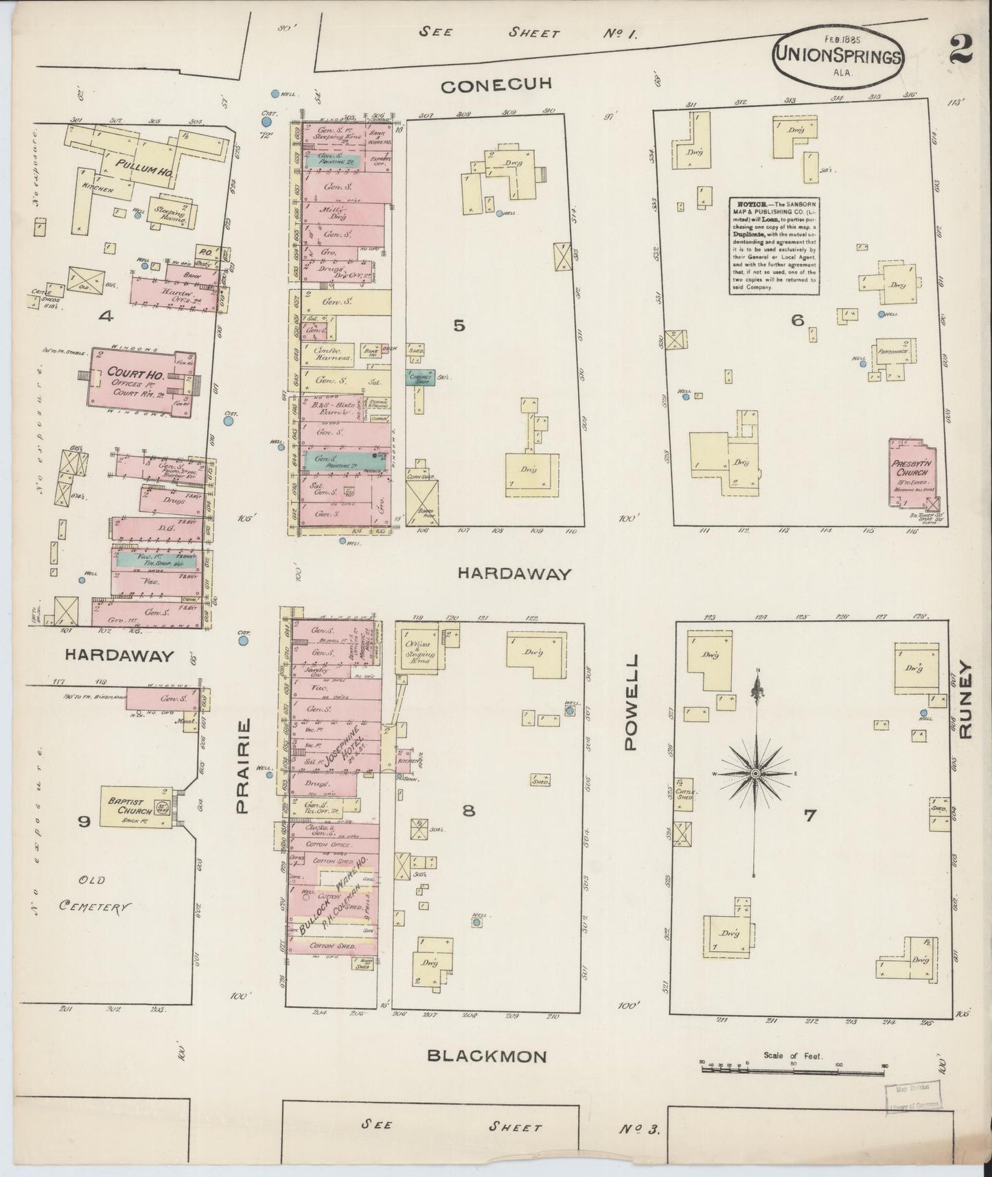 Sanborn Fire Insurance Map from Union Springs, Bullock County, Alabama (1885), Sheet #0002 - Historic Sanborn Fire Insurance Map Print, vintage old map wall art, antique decor, genealogy gift, Alabama Alabama map