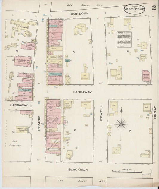 Sanborn Fire Insurance Map from Union Springs, Bullock County, Alabama (1885), Sheet #0002 - Historic Sanborn Fire Insurance Map Print, vintage old map wall art, antique decor, genealogy gift, Alabama Alabama map