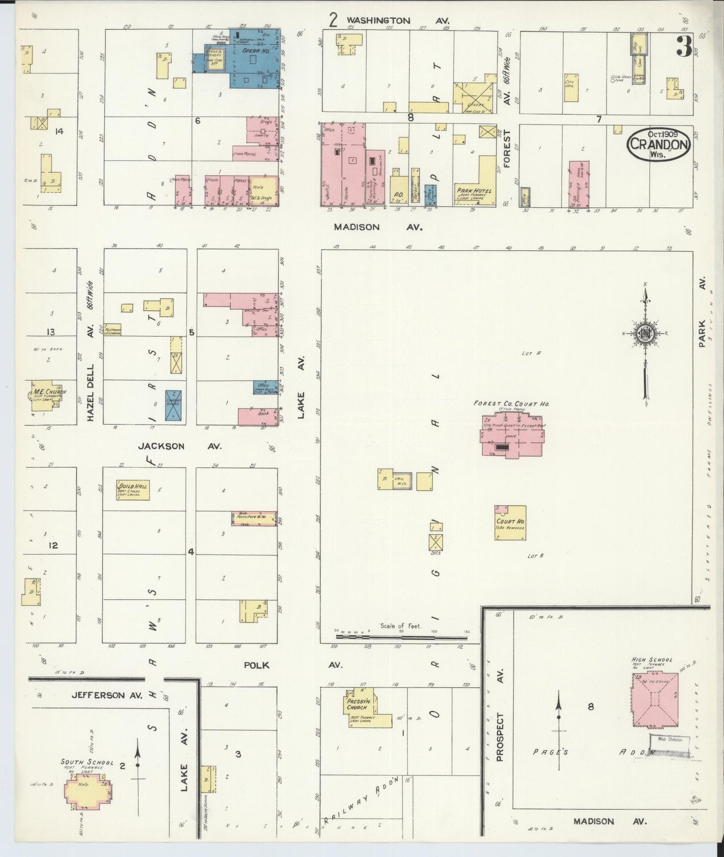 Sanborn Fire Insurance Map from Crandon, Forest County, Wisconsin (1909), Sheet #0003 - Historic Sanborn Fire Insurance Map Print, vintage old map wall art, antique decor, genealogy gift, Wisconsin Wisconsin map