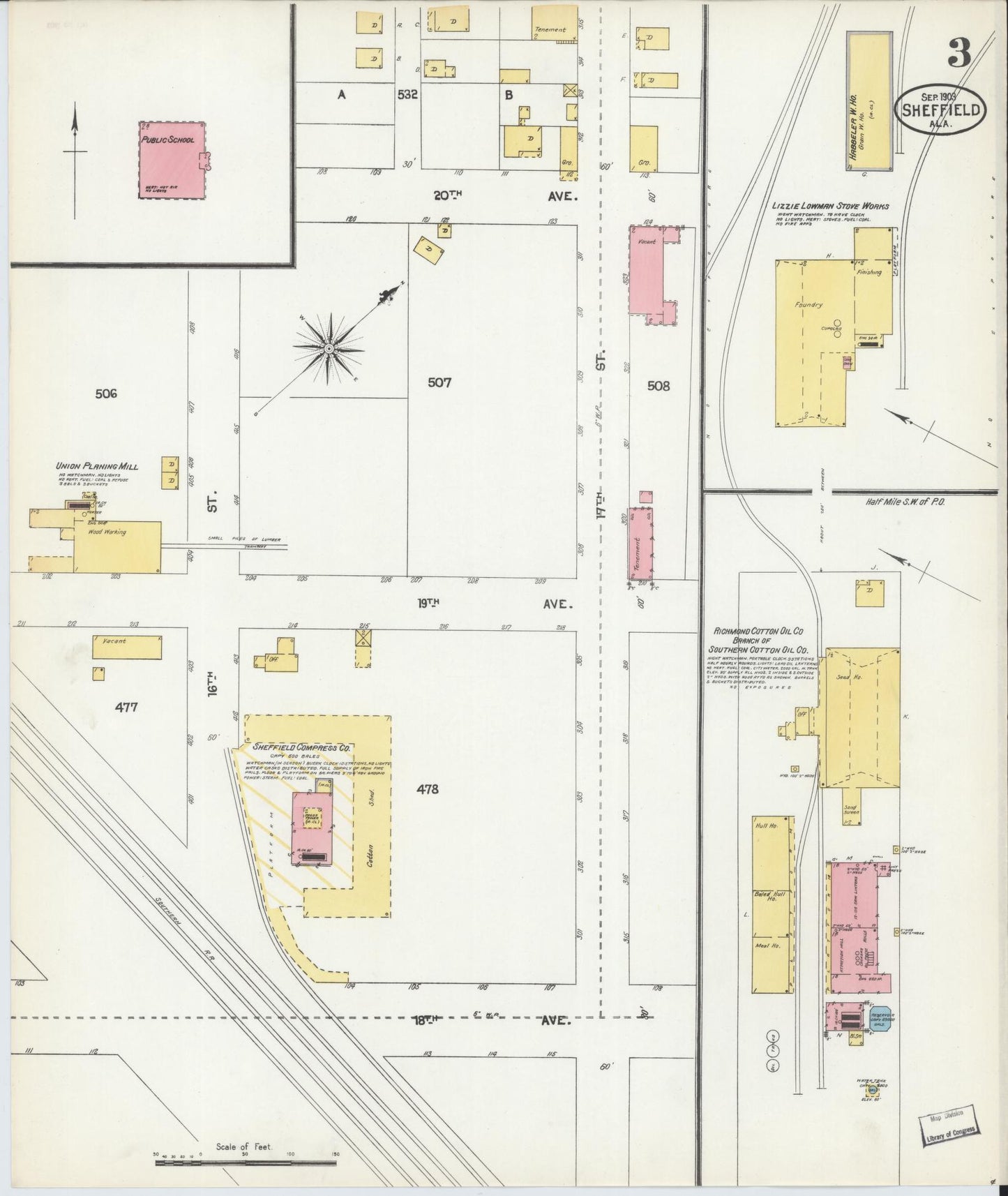 Sanborn Fire Insurance Map from Sheffield, Colbert County, Alabama (1903), Sheet #0003 - Complete Map Set gallery image, historic Sanborn map, vintage wall art, Alabama Alabama