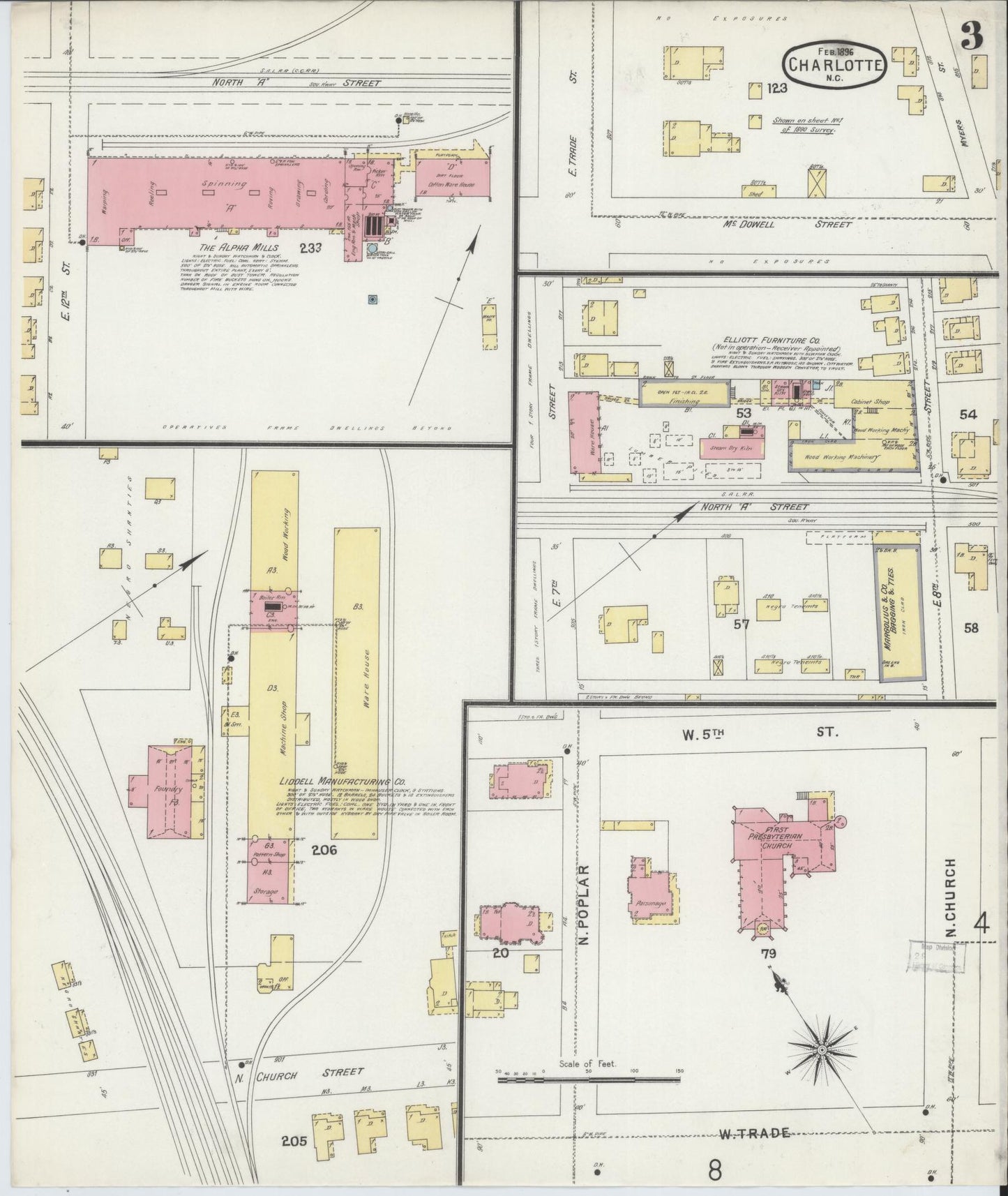 Sanborn Fire Insurance Map from Charlotte, Mecklenburg County, North Carolina (1896), Sheet #0003 - Historic Sanborn Fire Insurance Map Print, vintage old map wall art, antique decor, genealogy gift, North Carolina North Carolina map