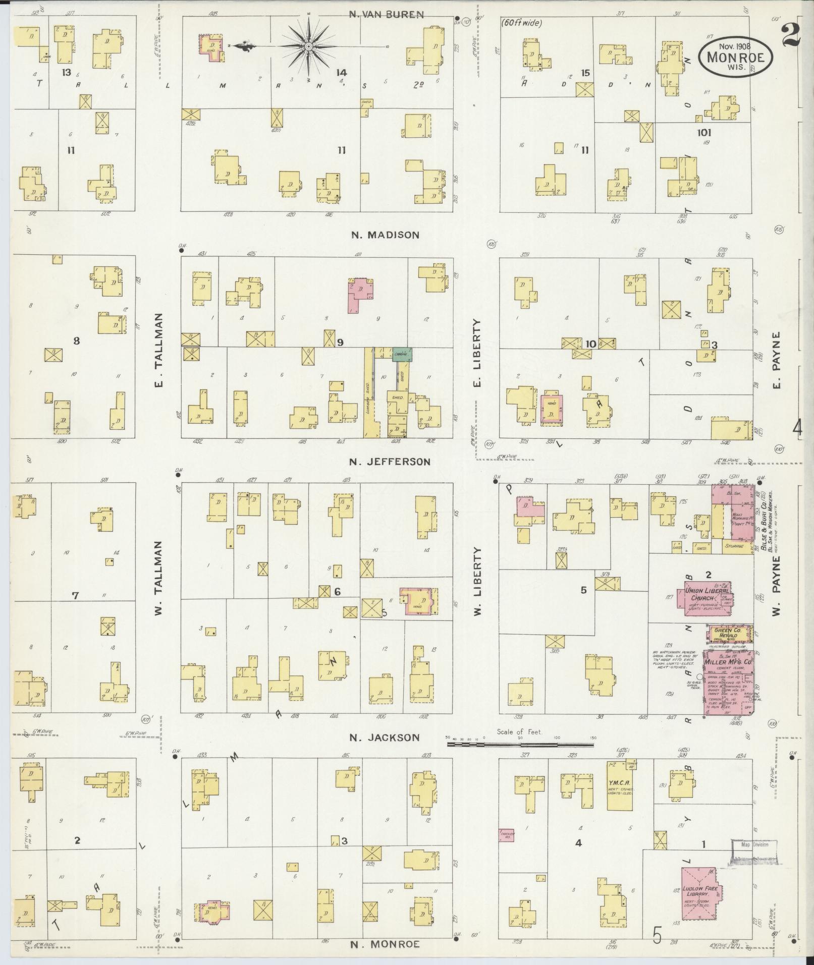 Sanborn Fire Insurance Map from Monroe, Green County, Wisconsin (1908), Sheet #0002 - Historic Sanborn Fire Insurance Map Print, vintage old map wall art, antique decor, genealogy gift, Wisconsin Wisconsin map