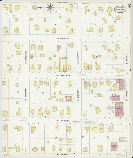 Sanborn Fire Insurance Map from Monroe, Green County, Wisconsin (1908), Sheet #0002 - Historic Sanborn Fire Insurance Map Print, vintage old map wall art, antique decor, genealogy gift, Wisconsin Wisconsin map