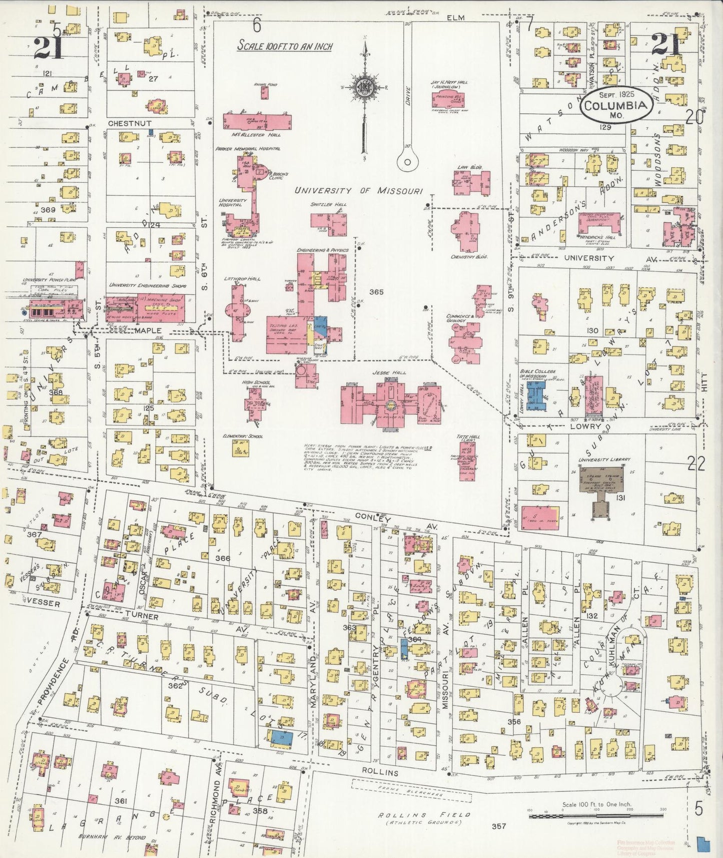 Sanborn Fire Insurance Map from Columbia, Boone County, Missouri (1925), Sheet #0021 - Complete Map Set gallery image, historic Sanborn map, vintage wall art, Missouri Missouri