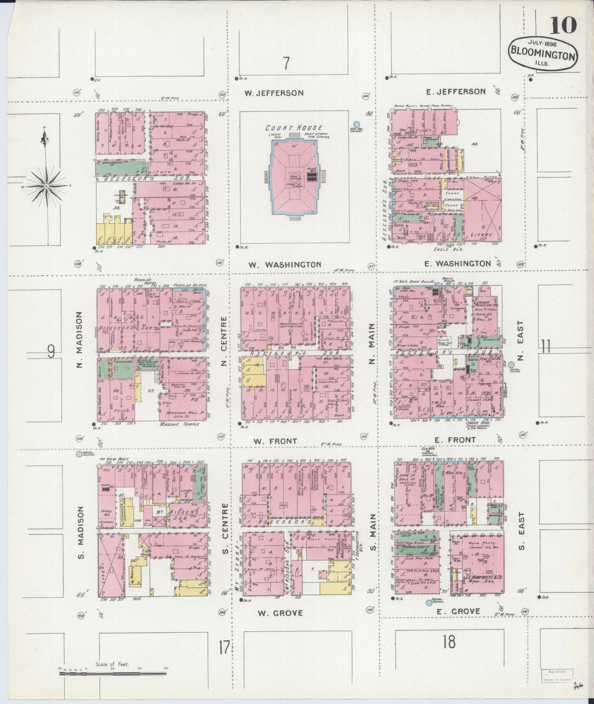 Sanborn Fire Insurance Map from Bloomington, McLean County, Illinois (1896), Sheet #0010 - Complete Map Set gallery image, historic Sanborn map, vintage wall art, Illinois Illinois