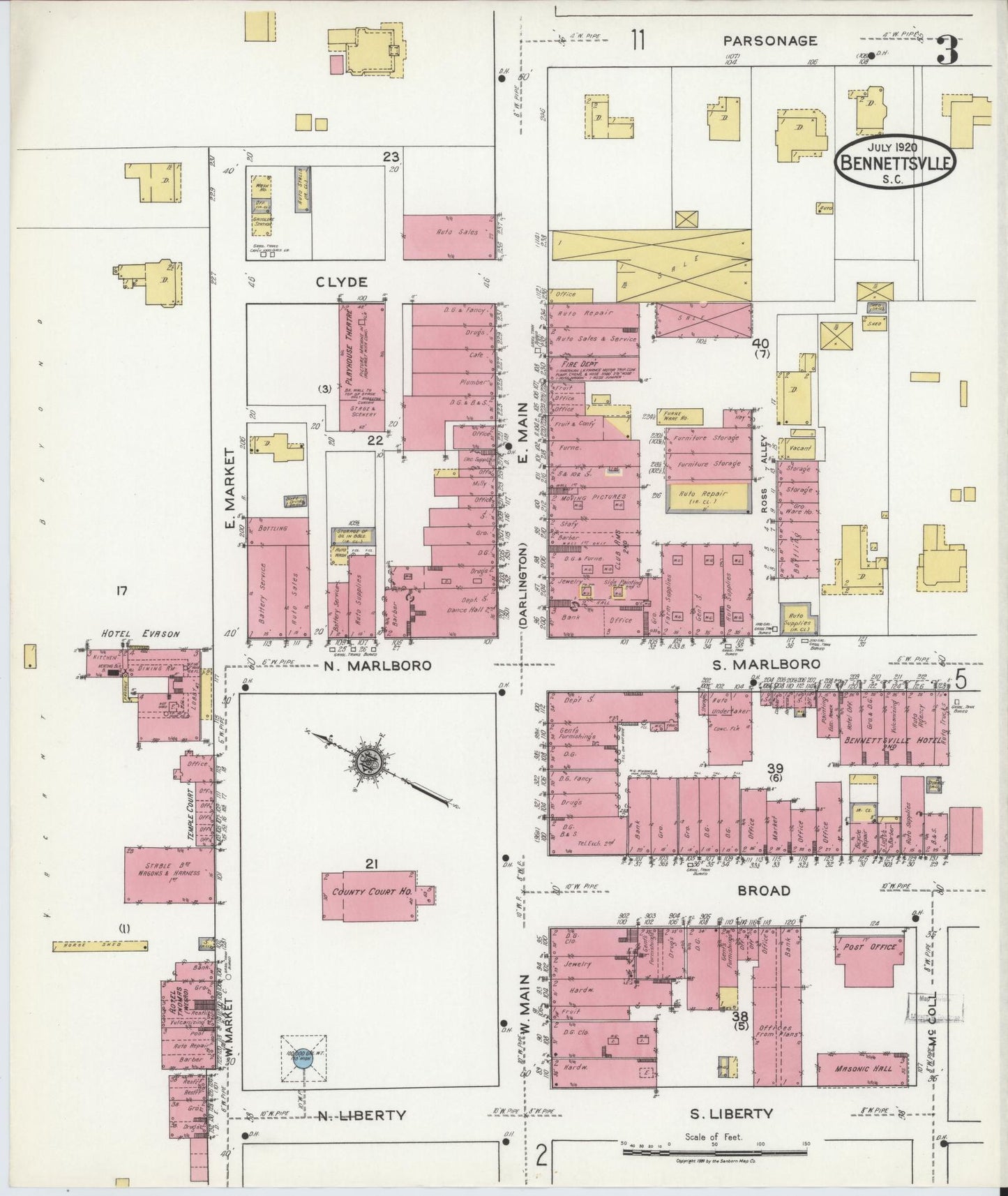 Sanborn Fire Insurance Map from Bennettsville, Marlboro County, South Carolina (1920), Sheet #0003 - Historic Sanborn Fire Insurance Map Print, vintage old map wall art, antique decor, genealogy gift, South Carolina South Carolina map