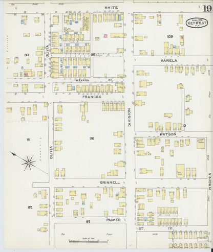 Sanborn Fire Insurance Map from Key West, Monroe County, Florida (1892), Sheet #0019 - Historic Sanborn Fire Insurance Map Print, vintage old map wall art, antique decor, genealogy gift, Florida Florida map