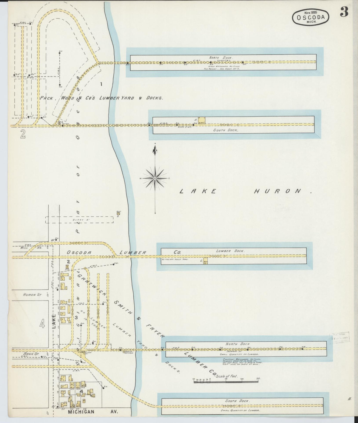 Sanborn Fire Insurance Map from Oscoda, Iosco County, Michigan (1895), Sheet #0003 - Historic Sanborn Fire Insurance Map Print, vintage old map wall art, antique decor, genealogy gift, Michigan Michigan map