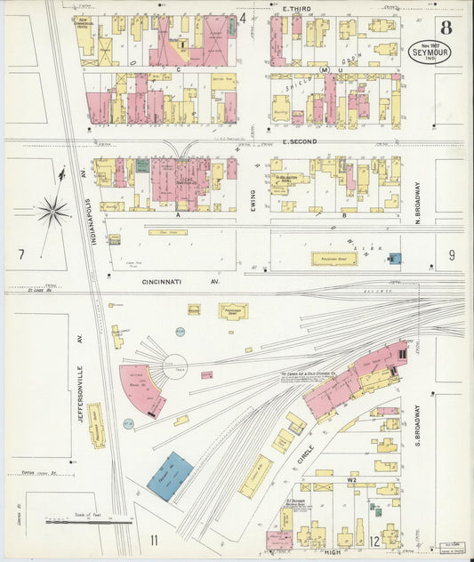 Sanborn Fire Insurance Map from Seymour, Jackson County, Indiana (1907), Sheet #0008 - Historic Sanborn Fire Insurance Map Print, vintage old map wall art, antique decor, genealogy gift, Indiana Indiana map