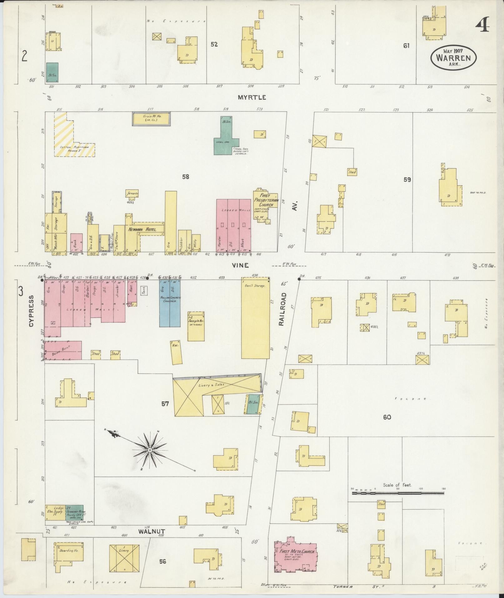 Sanborn Fire Insurance Map from Warren, Bradley County, Arkansas (1907), Sheet #0004 - Historic Sanborn Fire Insurance Map Print, vintage old map wall art, antique decor, genealogy gift, Arkansas Arkansas map