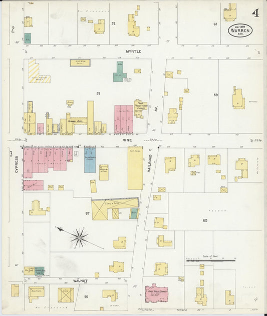 Sanborn Fire Insurance Map from Warren, Bradley County, Arkansas (1907), Sheet #0004 - Historic Sanborn Fire Insurance Map Print, vintage old map wall art, antique decor, genealogy gift, Arkansas Arkansas map