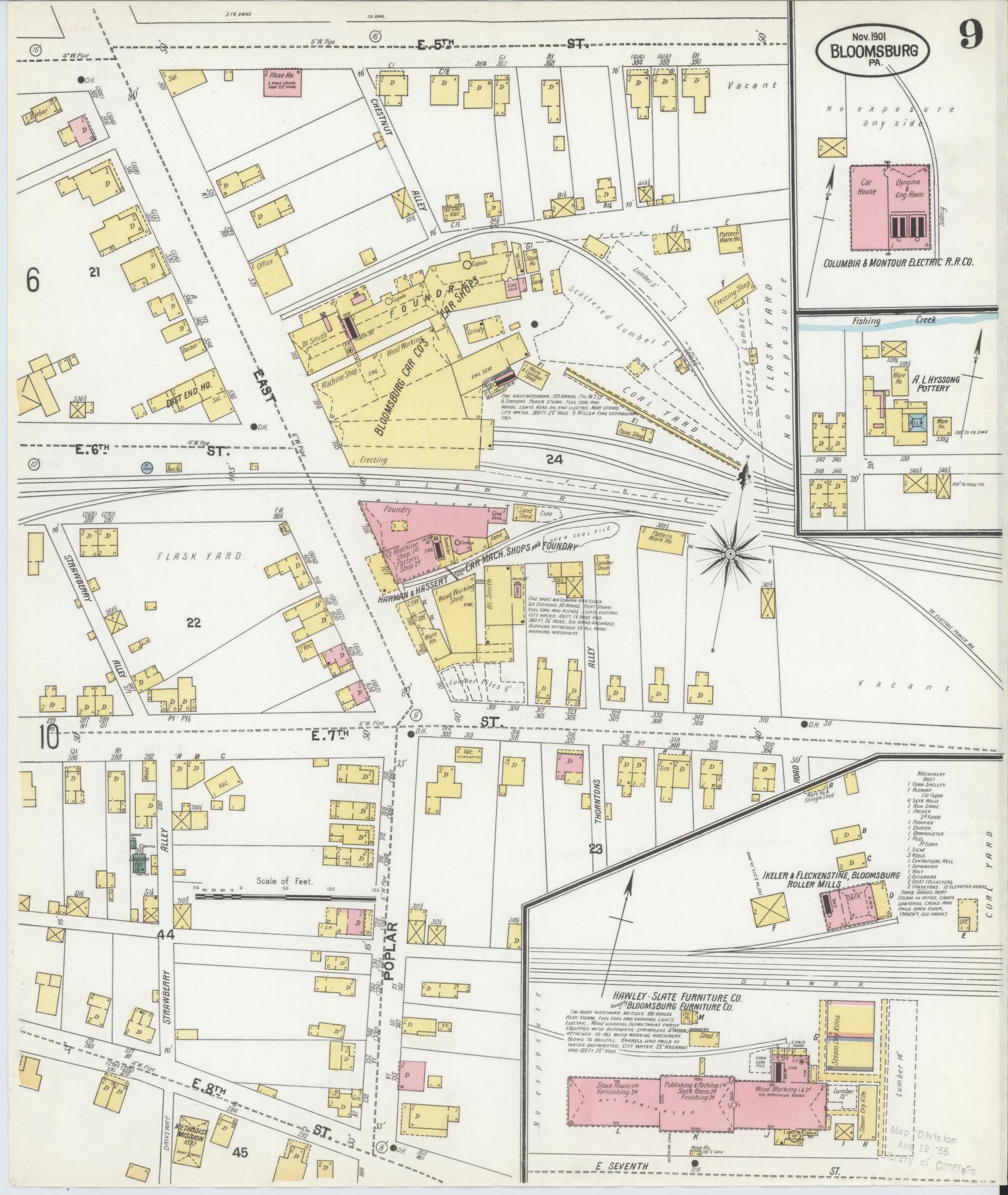 Sanborn Fire Insurance Map from Bloomsburg, Columbia County, Pennsylvania (1901), Sheet #0009 - Historic Sanborn Fire Insurance Map Print, vintage old map wall art, antique decor, genealogy gift, Pennsylvania Pennsylvania map