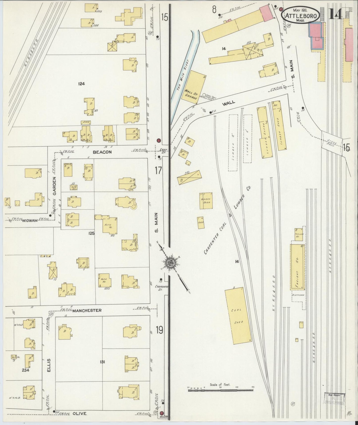 Sanborn Fire Insurance Map from Attleboro, Bristol County, Massachusetts (1911), Sheet #0014 - Historic Sanborn Fire Insurance Map Print, vintage old map wall art, antique decor, genealogy gift, Massachusetts Massachusetts map