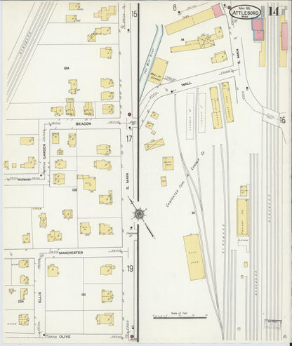 Sanborn Fire Insurance Map from Attleboro, Bristol County, Massachusetts (1911), Sheet #0014 - Historic Sanborn Fire Insurance Map Print, vintage old map wall art, antique decor, genealogy gift, Massachusetts Massachusetts map