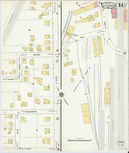 Sanborn Fire Insurance Map from Attleboro, Bristol County, Massachusetts (1911), Sheet #0014 - Historic Sanborn Fire Insurance Map Print, vintage old map wall art, antique decor, genealogy gift, Massachusetts Massachusetts map