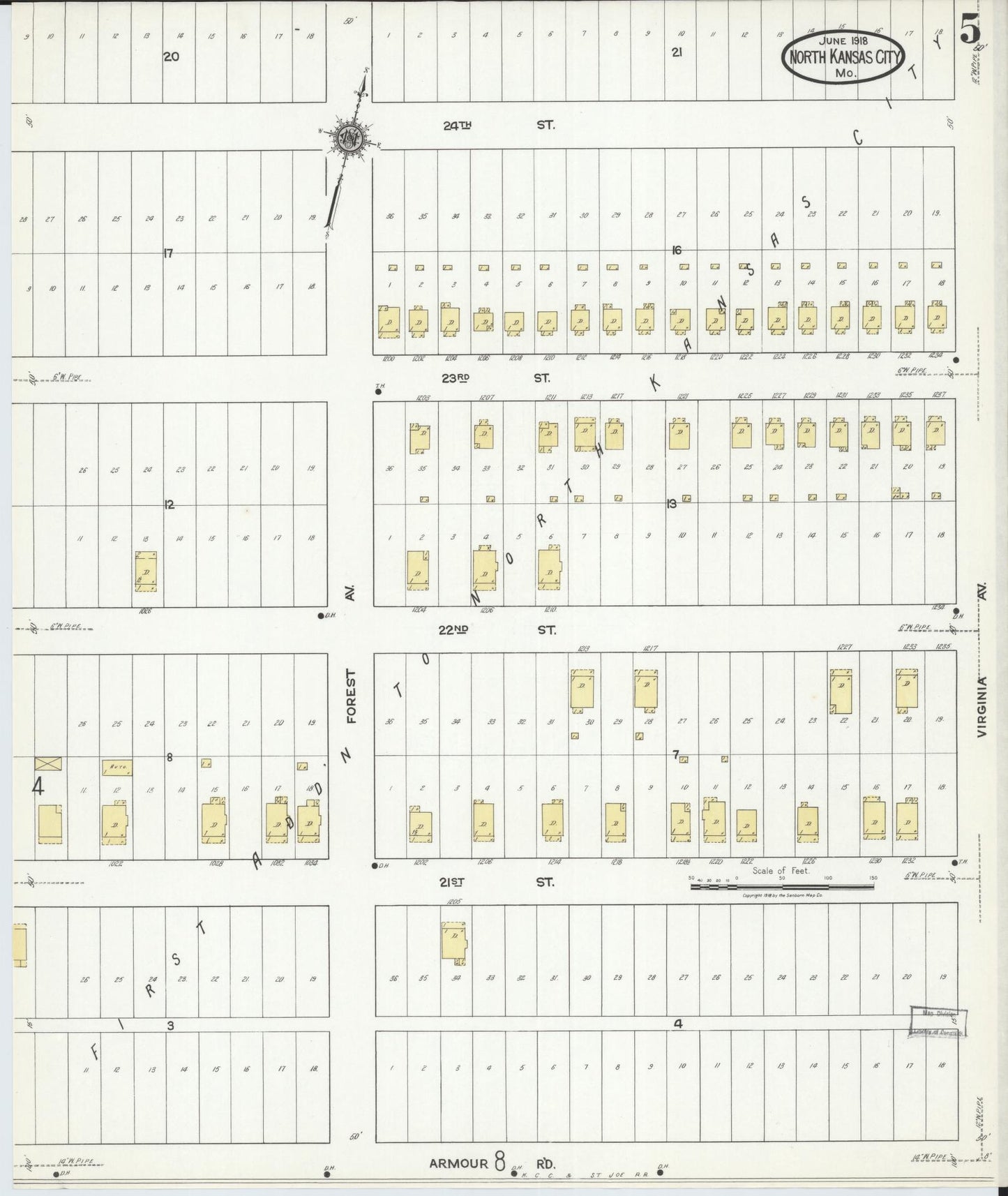 Sanborn Fire Insurance Map from North Kansas City, Clay County, Missouri (1918), Sheet #0005 - Historic Sanborn Fire Insurance Map Print, vintage old map wall art, antique decor, genealogy gift, Missouri Missouri map