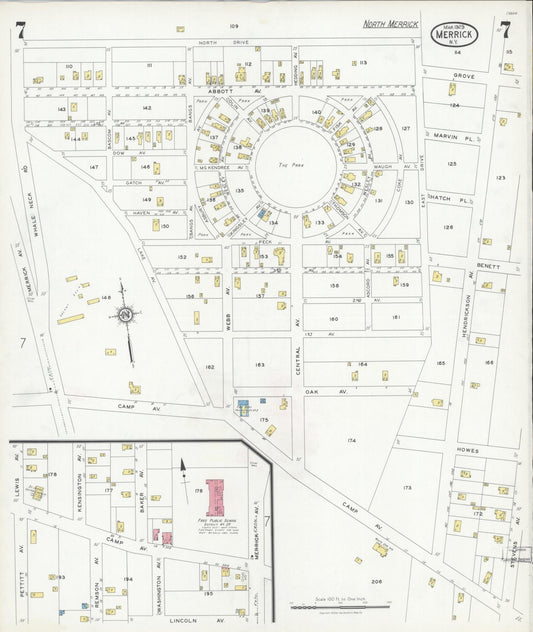 Sanborn Fire Insurance Map from Merrick, Nassau County, New York (1929), Sheet #0007 - Historic Sanborn Fire Insurance Map Print, vintage old map wall art, antique decor, genealogy gift, New York New York map