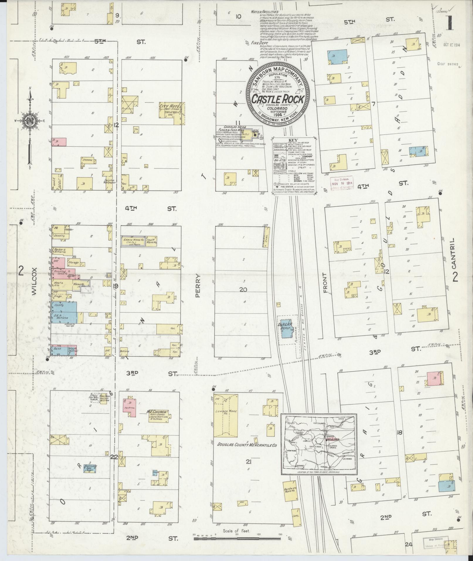 Sanborn Fire Insurance Map from Castle Rock, Douglas County, Colorado (1914), Sheet #0001 - Historic Sanborn Fire Insurance Map Print, vintage old map wall art, antique decor, genealogy gift, Colorado Colorado map