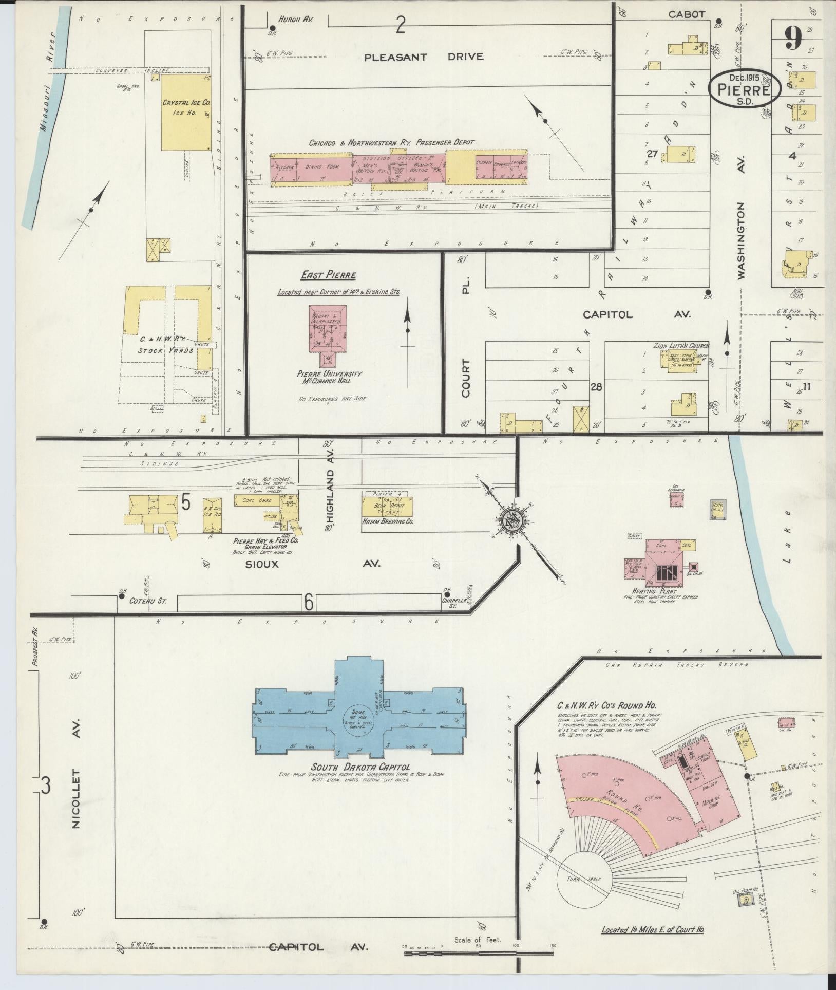 Sanborn Fire Insurance Map from Pierre, Hughes County, South Dakota (1915), Sheet #0009 - Historic Sanborn Fire Insurance Map Print, vintage old map wall art, antique decor, genealogy gift, South Dakota South Dakota map