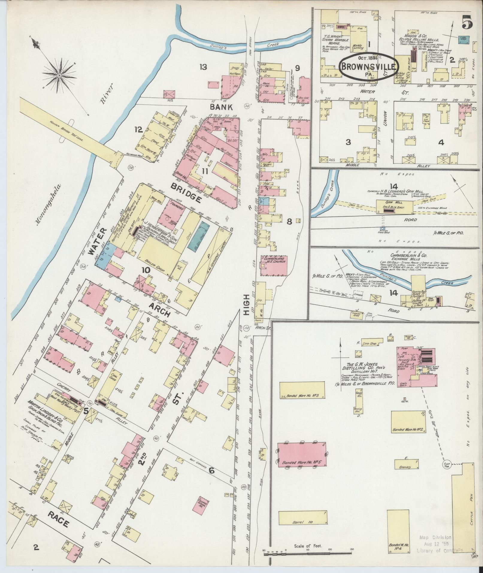 Sanborn Fire Insurance Map from Brownsville, Fayette County, Pennsylvania (1891), Sheet #0005 - Historic Sanborn Fire Insurance Map Print, vintage old map wall art, antique decor, genealogy gift, Pennsylvania Pennsylvania map