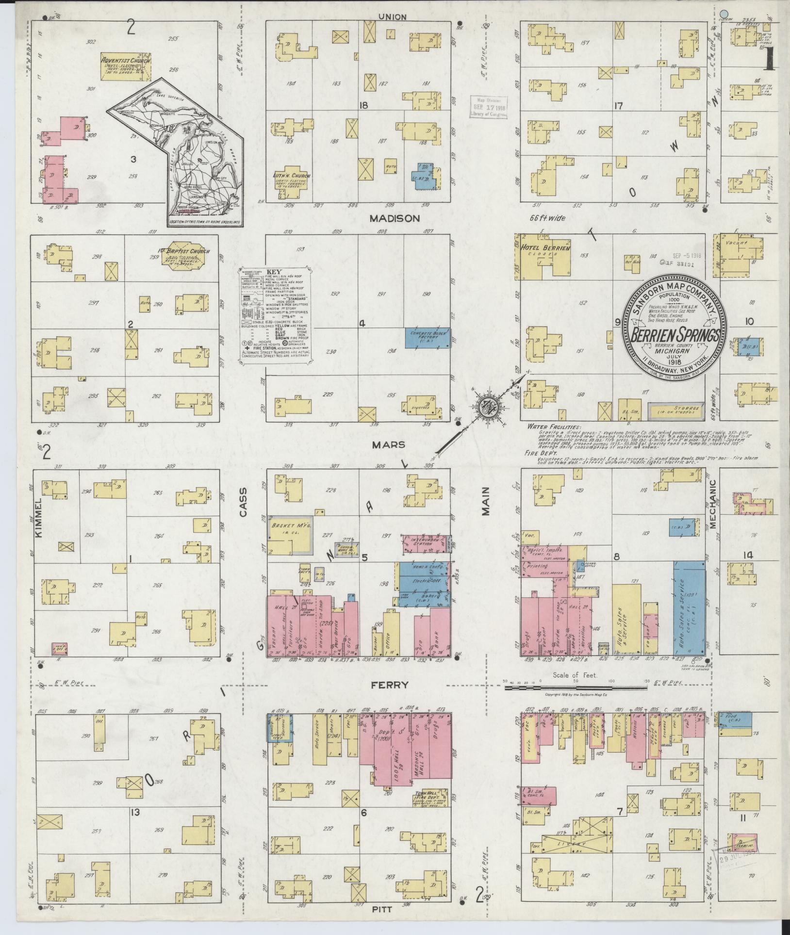 Sanborn Fire Insurance Map from Berrien Springs, Berrien County, Michigan (1918), Sheet #0001 - Historic Sanborn Fire Insurance Map Print, vintage old map wall art, antique decor, genealogy gift, Michigan Michigan map