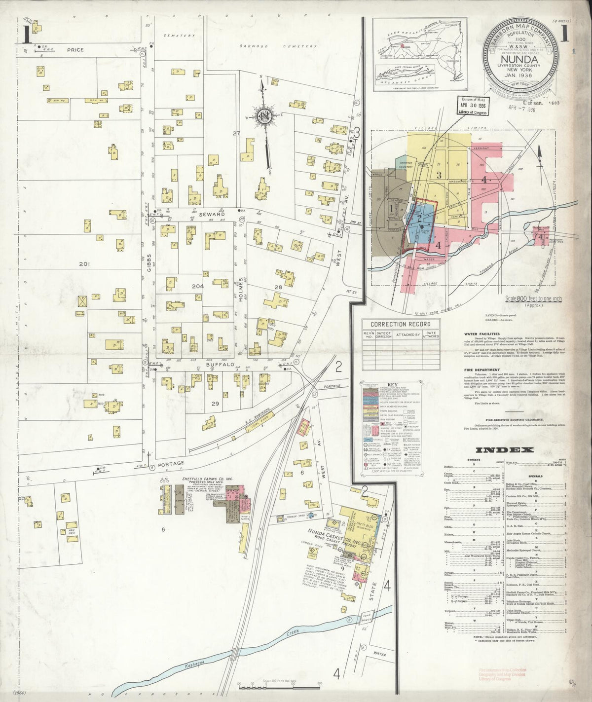Sanborn Fire Insurance Map from Nunda, Livingston County, New York (1936), Sheet #0001 - Historic Sanborn Fire Insurance Map Print, vintage old map wall art, antique decor, genealogy gift, New York New York map