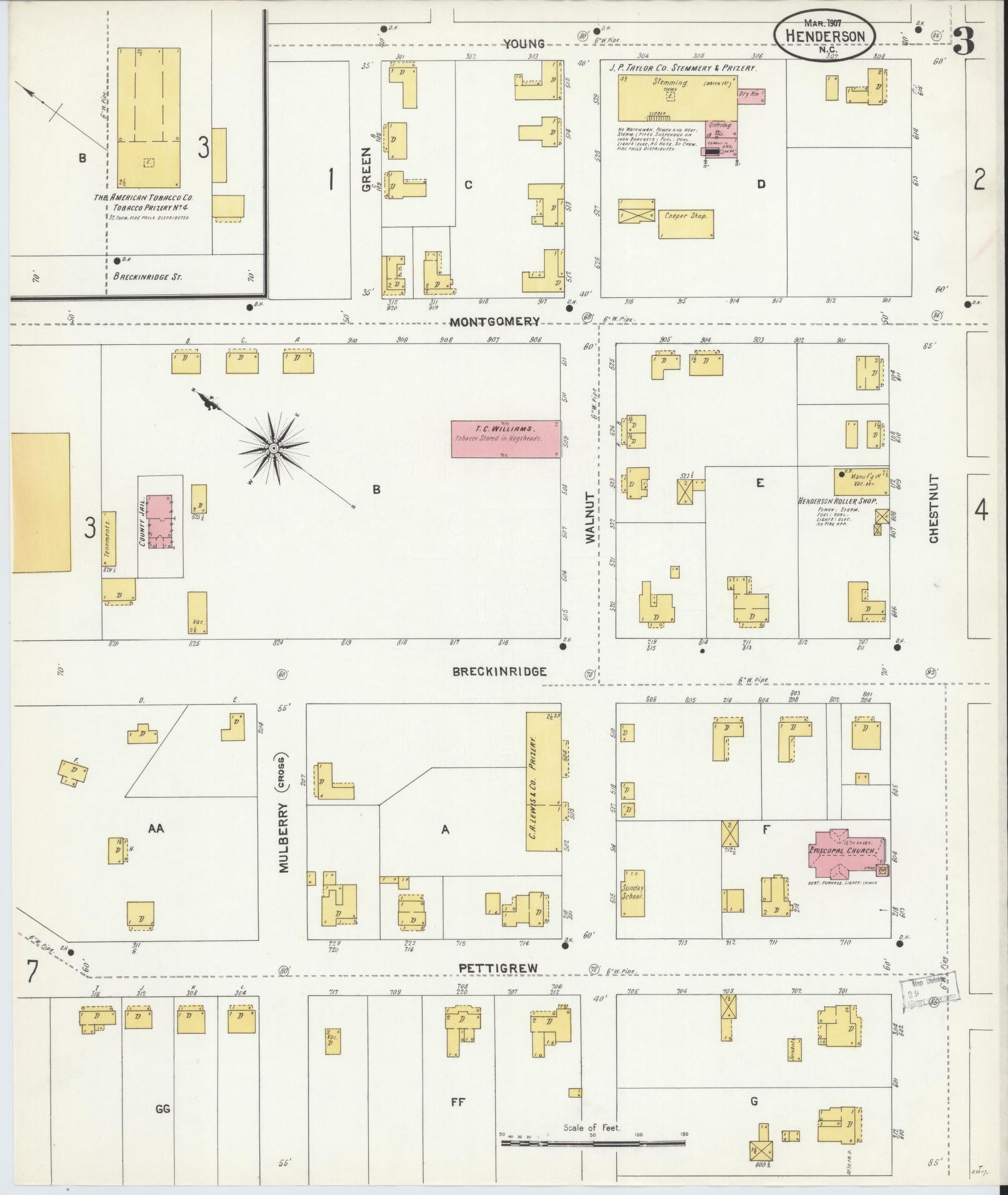 Sanborn Fire Insurance Map from Henderson, Vance County, North Carolina (1907), Sheet #0003 - Historic Sanborn Fire Insurance Map Print, vintage old map wall art, antique decor, genealogy gift, North Carolina North Carolina map